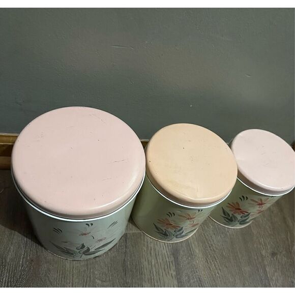 Vtg NC Colorware 60s Metal Kitchen Canister Set of 3 Flowers Beige Peach MCM - Picture 3 of 16